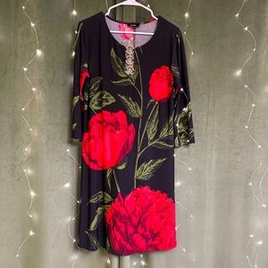 Black with red roses , midi , long sleeves dress.
